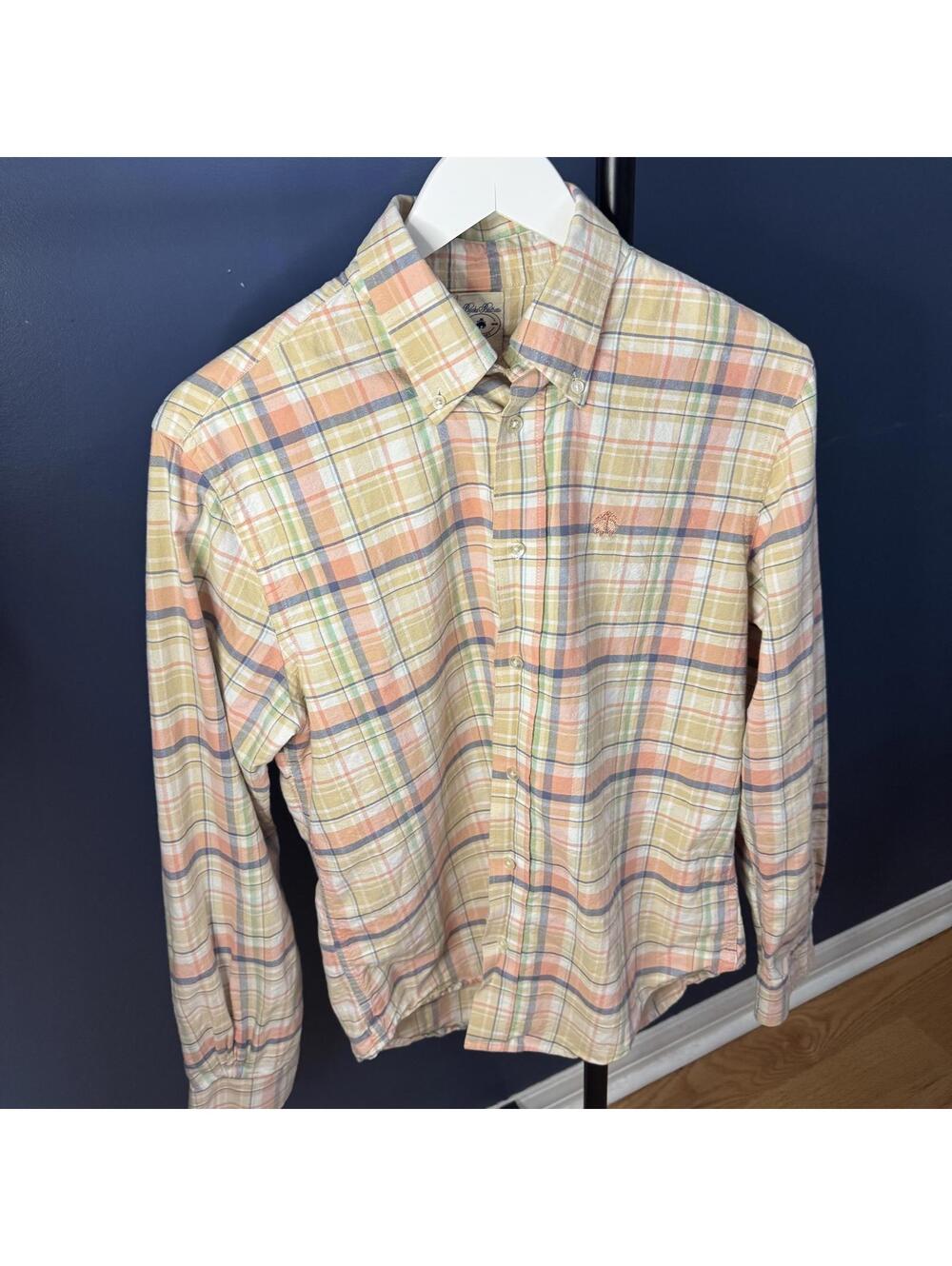 Brooks Brothers Plaid Sport Shirt M Peach Beige Green Cotton Button Down